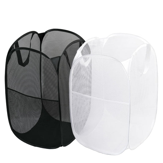 2 Pack Laundry Basket,Foldable Mesh Pop-up Laundry Hamper with Durable Handle,Easy to Open and Fold for Dorm, Laundry Room, Bedroom, RV… (White+Black)