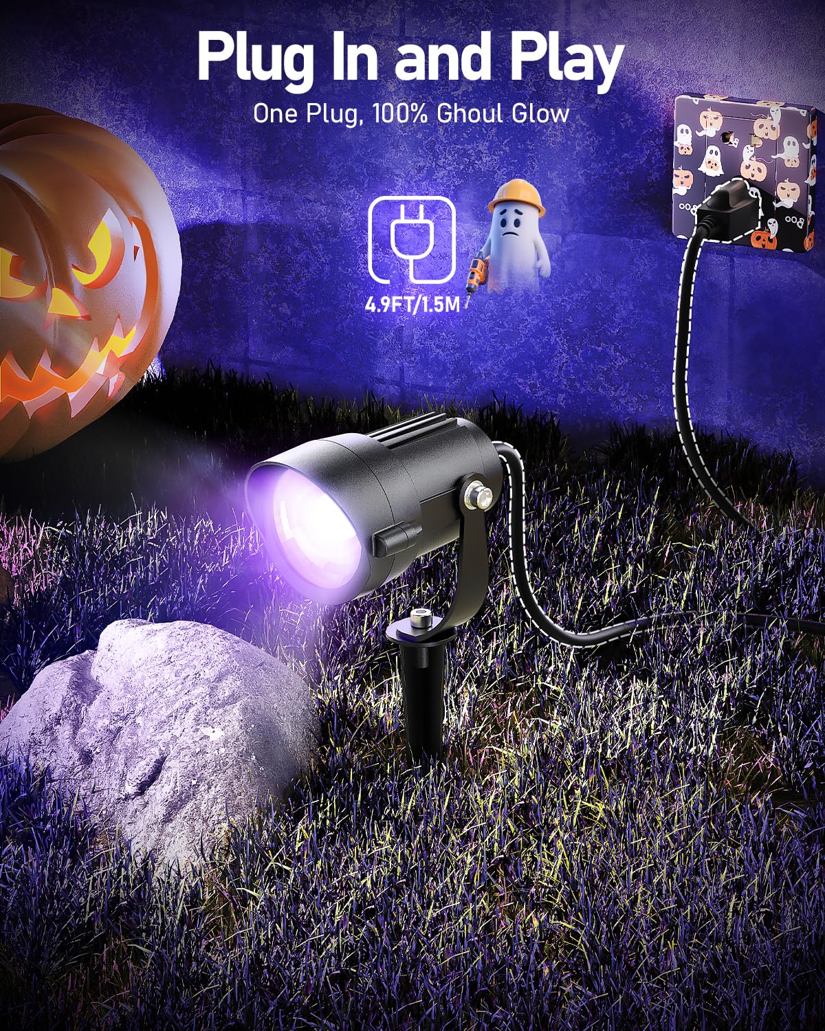 HIBOITEC Halloween Black Light Spotlight Outdoor 12W IP65 Waterproof LED Spot Lights Landscape Lighting with 4.9ft US Plug for Glow Party Body Paint Yard Garden Decorations 1Pack