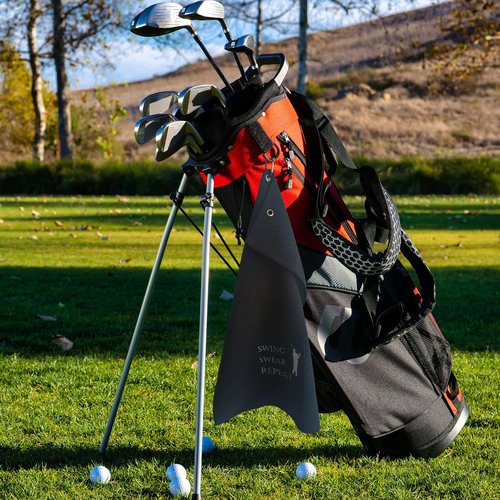 YLXLLSM Funny Golf Towels for Golf Bags for Men, Swing Swear Repeat Towel Golf Accessories for Men Golfers Women, Black Embroidered Towel with Clip Club Brush Groove Cleaner Set