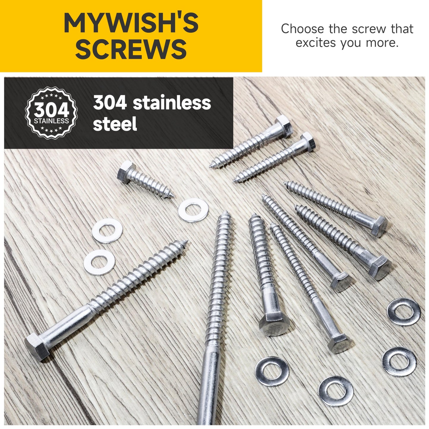 MYWISH (12Sets) 5/16" x 3" Hex Head Lag Bolts, Heavy Duty Lag Screws with Washers, 304 Stainless Steel Bolts 18-8, Lag Screws Wood Screws, Partial Thread Bright Finish, 5/16 Bolt