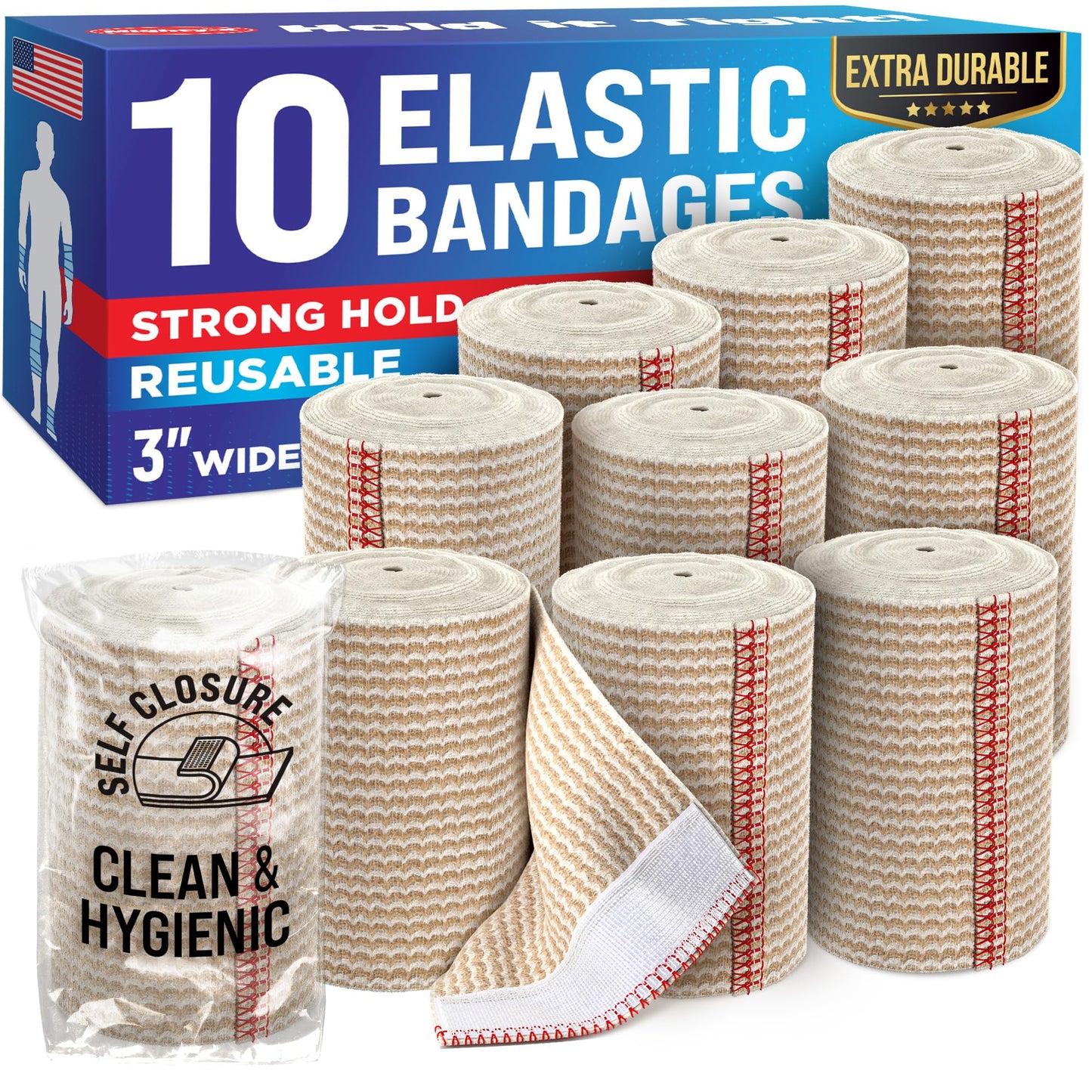 Premium Elastic Bandage Wrap - 3” (10pk) - Strong Compression for Sprains - Self-Closing Reusable Bandages for Legs and Arms - Wrist, Elbow, Foot, Knee Wrap - First Aid Kit and After Surgery Recovery