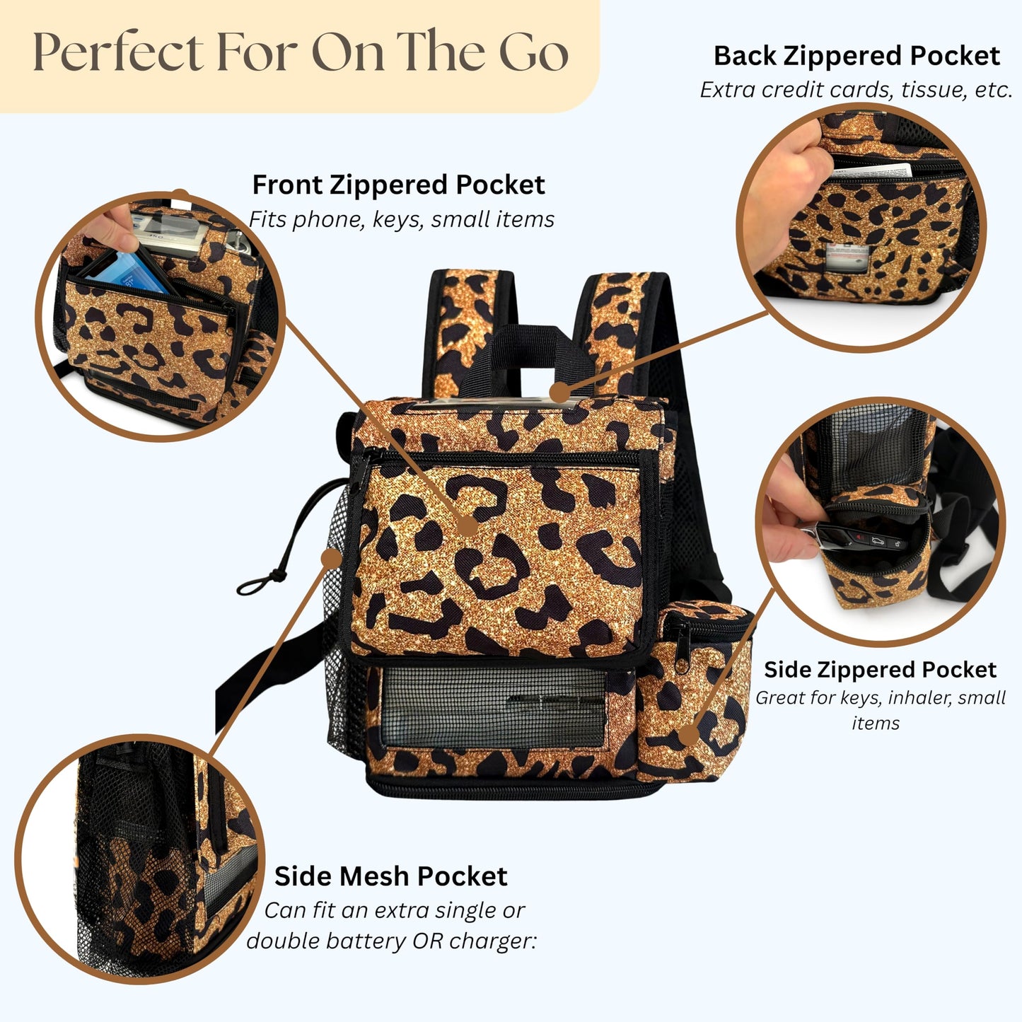 O2TOTES Premium Backpack – Fits Only Inogen One G5 & Inogen Rove 6, Lightweight & Comfortable with Adjustable Padded Straps, Secure Zippered Bottom for Easy Battery Access (Leopard)