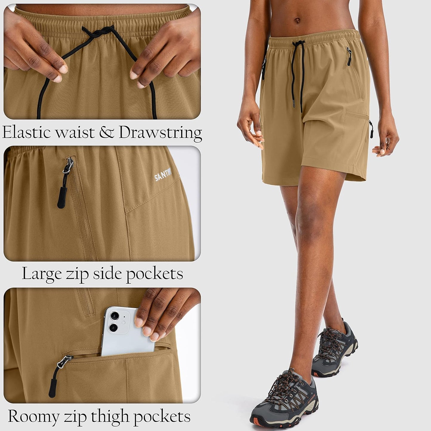 SANTINY Women's Hiking Cargo Shorts - Quick Dry Lightweight Summer Style with Zipper Pockets | 5''/7''/9'' Sizes