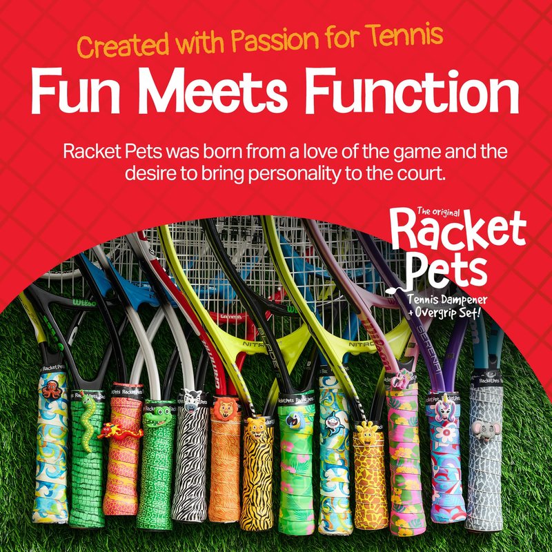 Racket Pets Kids Tennis Racket Dampener & Matching Overgrip Tape, Performance Shock Absorbing Dampener for Tennis Racket & Fun Animal Print Tennis Wrap Grip Tape (Dragon)