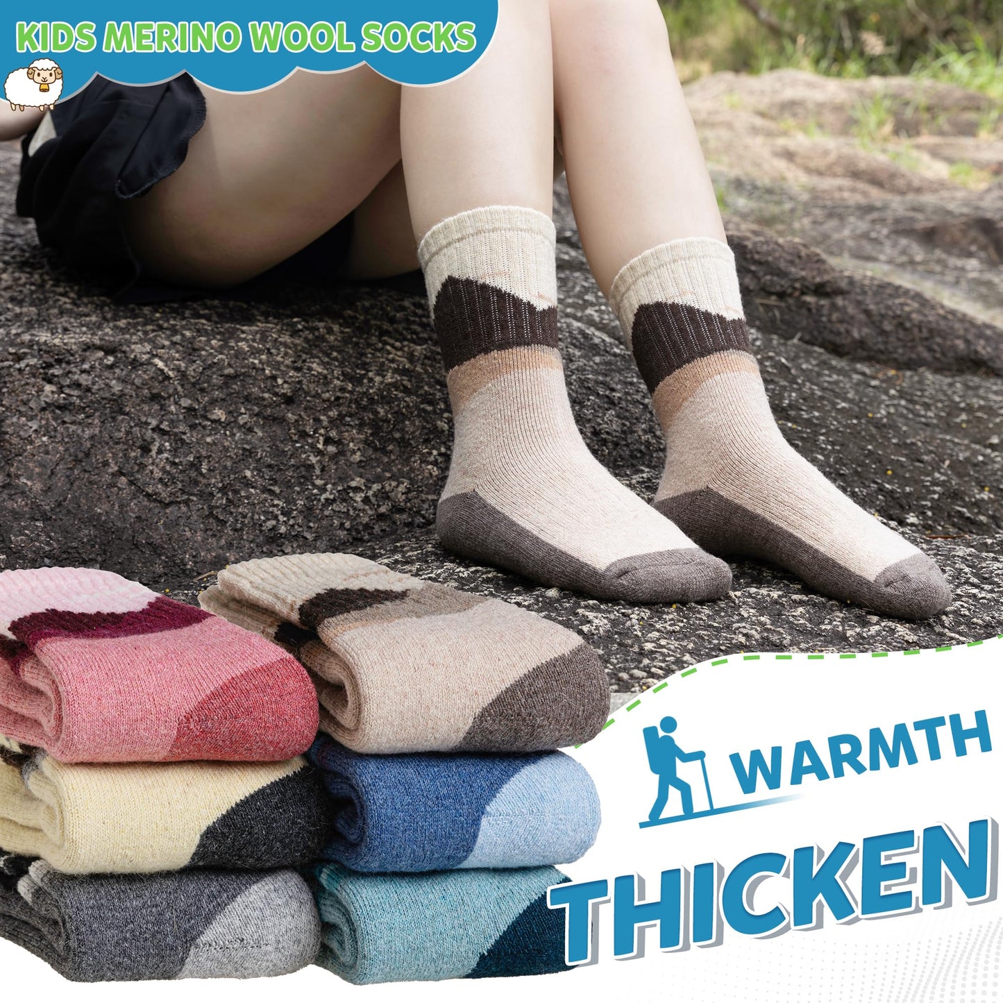 WEVIAS Kids Merino Wool Hiking Socks Boys Thermal Winter Cozy Boot Warm Cushion Socks 6 Pairs (Mountain Range, 8-12 Years)
