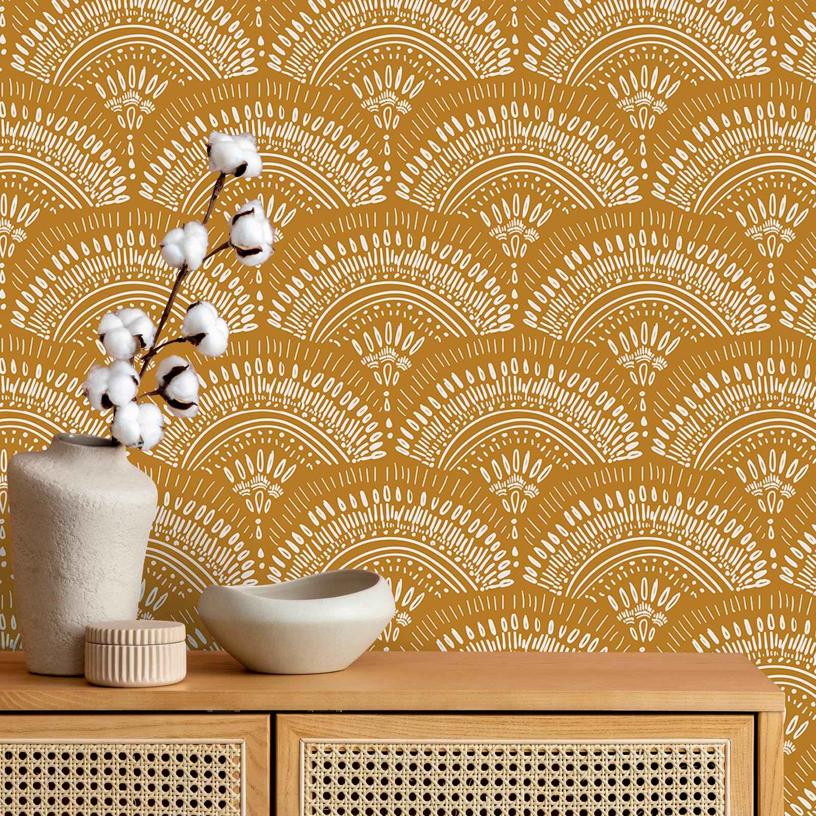 VEELIKE Mustard Yellow Geometric Peel and Stick Wallpaper Boho Geometric Wallpaper Removable 17.7''x118'' Renter Friendly Art Deco Wallpaper Peel and Stick for Bedroom Bathroom Accent Walls Cabinets