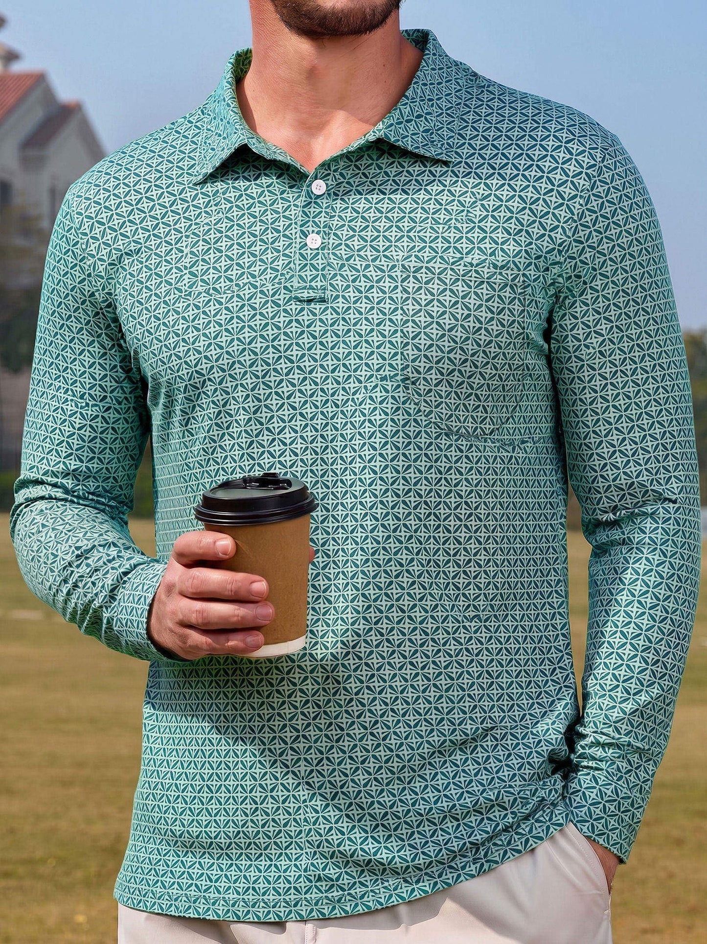 Lexiart Mens Golf Shirt Long Sleeve Slim Fit Quick-Dry Moisture Wicking Performance Print Patterns Polo with Pocket