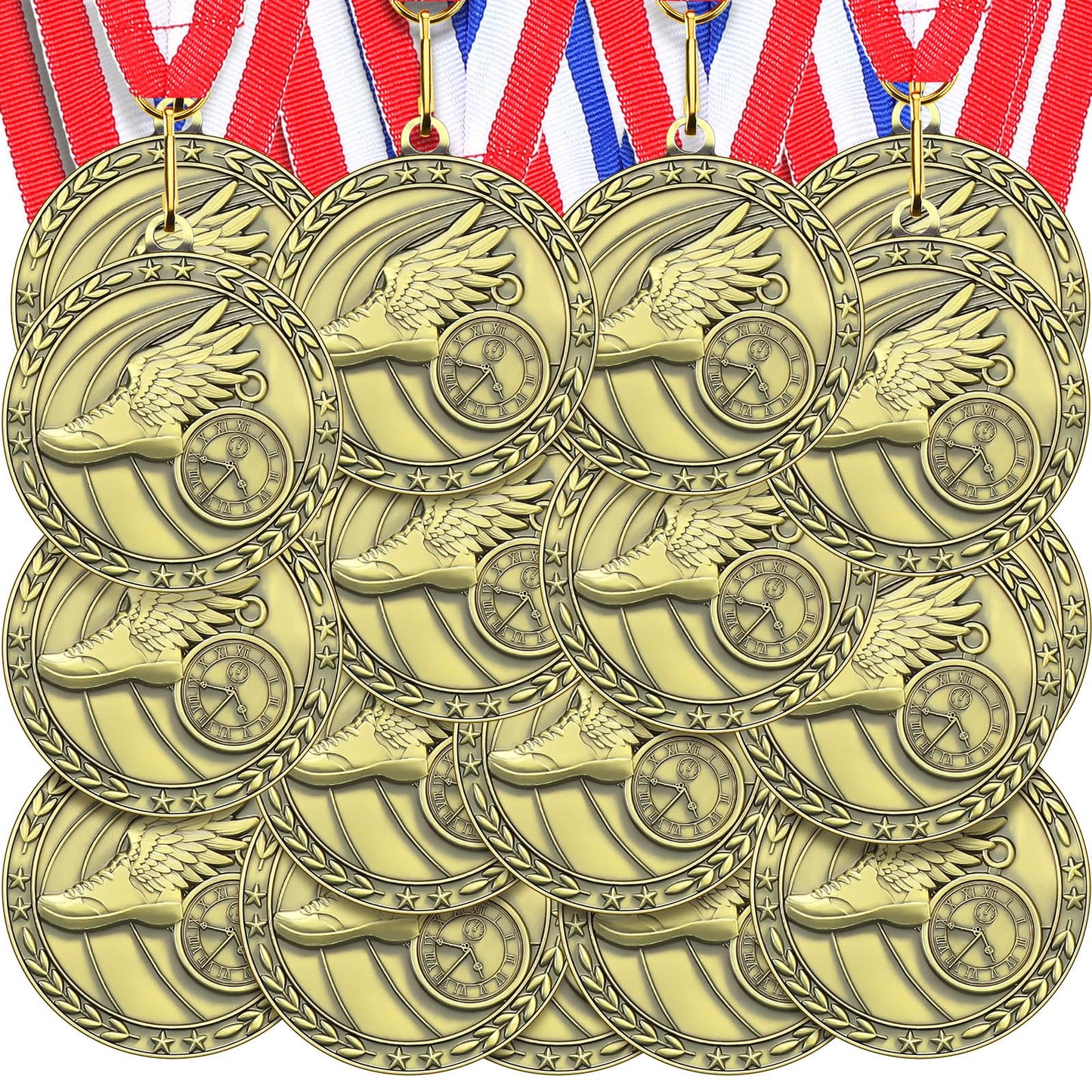 Equsion 36 Pcs 2'' Gold Medals Bulk Volleyball Football Basketball Soccer Baseball Archery Dink Ball Cheer Track Bowling Awards Medals with Ribbons for Sports Participation Winner Gift(Track)