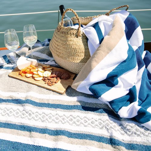 Laguna Beach Textile Co. Oversized Striped Cabana Beach Towel - Plush 630 GSM Cotton | Ocean Blue & Almond Beige