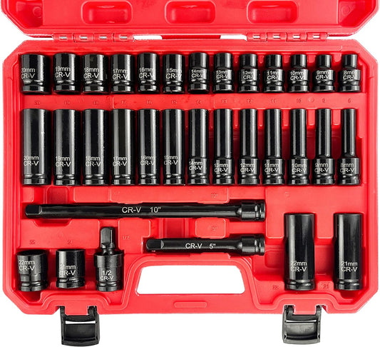 29-Piece Deep Impact Socket Set with Extensions | SAE & Metric Cr-V Steel