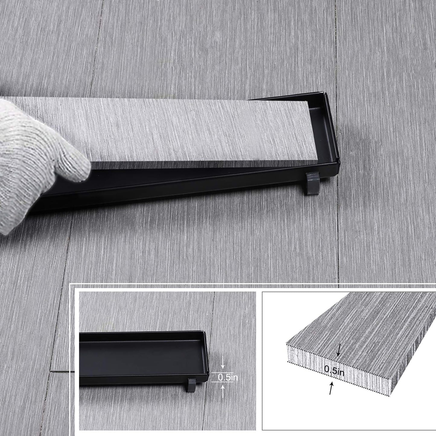 Bmvlffs 30-Inch Linear Shower Drain with Tile Insert Matte Black Cover, Rectangle Floor Drain Brushed 304 Stainless Steel Including Hair Strainer