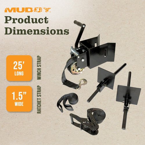 Muddy Hunting Ladderstand Tree Stand Installation Hoist Kit with 25 Foot Heavy Duty Winch Strap, Solid Steel Winch, and Pully System