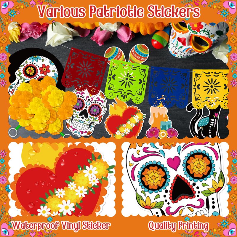 R HORSE 29Pcs Day of The Dead Golf Cart Decoration Kit, Mexican Party Banner Marigold Garland Burlap Bunting Flag Waterproof Sugar Skull Sticker Decor Dia De Los Muertos Party Supplies