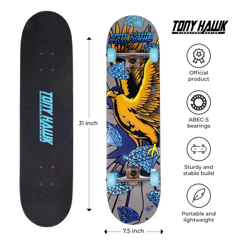 Tony Hawk 31 inch Skateboard, Tony Hawk Signature Series 3, 9-ply Maple Deck Skateboard for Cruising, Carving, Tricks and Downhill, Diamond Hawk