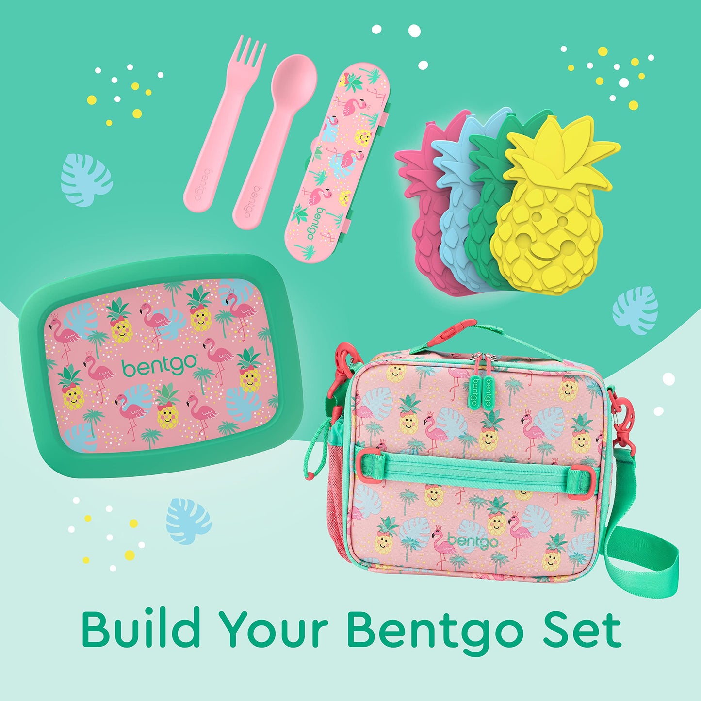 Bentgo® Kids Plastic Utensil Set - Reusable Fork, Spoon & Storage Case, PFAS- & BPA-Free, Easy-Grip Handles, Lightweight, Dishwasher Safe, School Lunch, Travel & On-the-Go (Tropical)