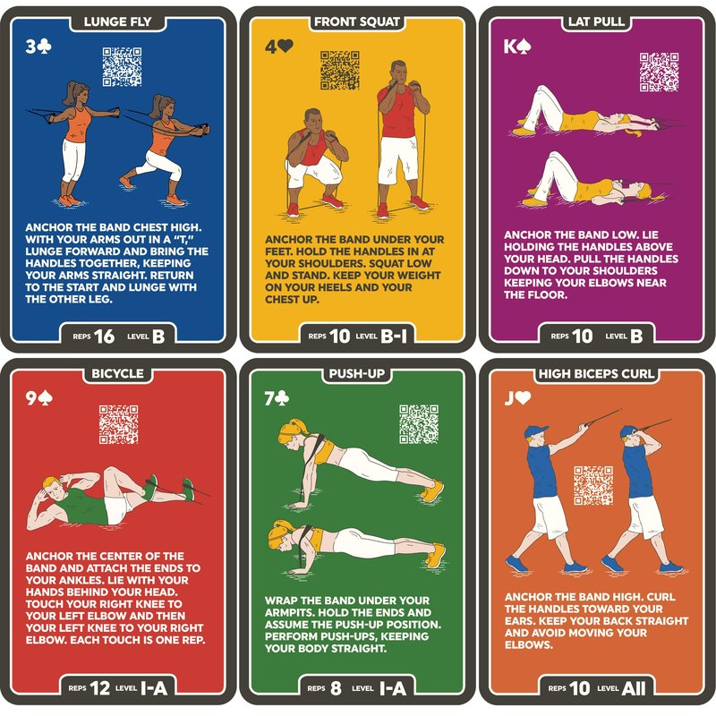 Stack 52 Resistance Band Exercise Cards. Exercise Band Workout Playing Card Game. Video Instructions Included. Home Fitness Training Program for Elastic Rubber Stretch Band Sets. (Updated Deck)