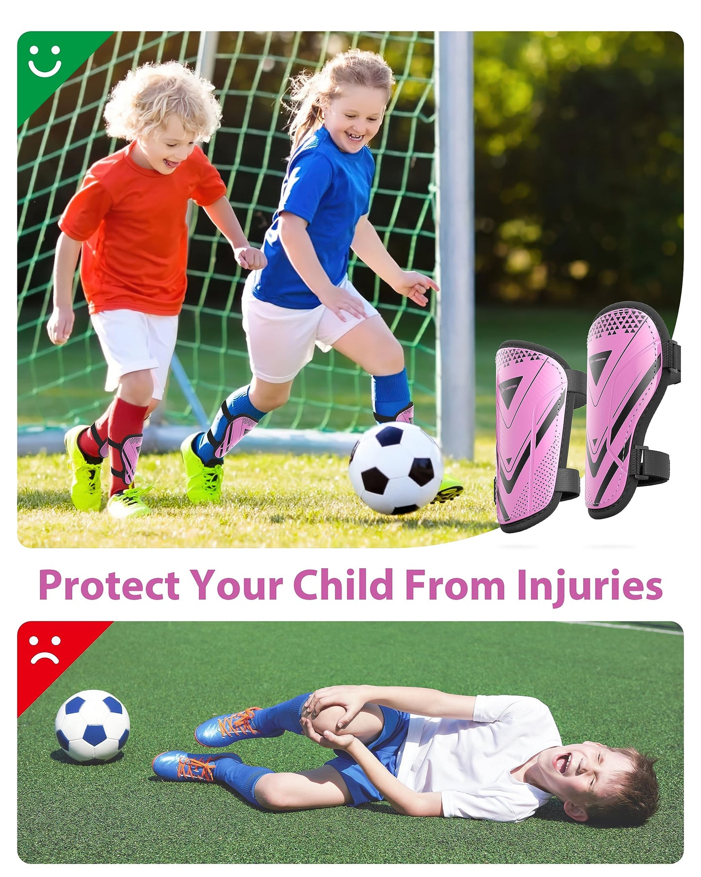 Shin Guards Soccer Kids Youth, CE Certified Airsfish Shin Pads Protection Gear for 2-18 Years Old Boys Girls Teenagers High Impact Resistant Breathable Comfortable 1 Pair 4 Sizes (Small, Pink)
