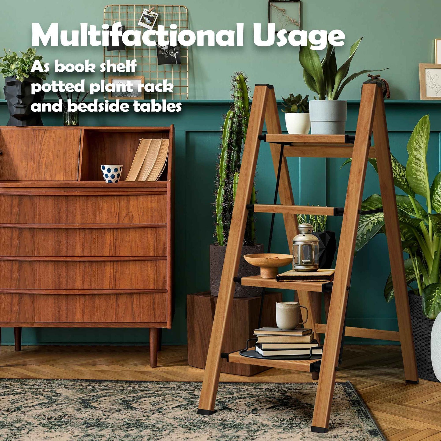 Taranta 4 Step Ladder,Aluminum Lightweight Folding 4 Step Stool with Anti-Slip Wide Pedal, 330lbs Capacity Step Ladder for Household,Kitchen,Office - Woodgrain