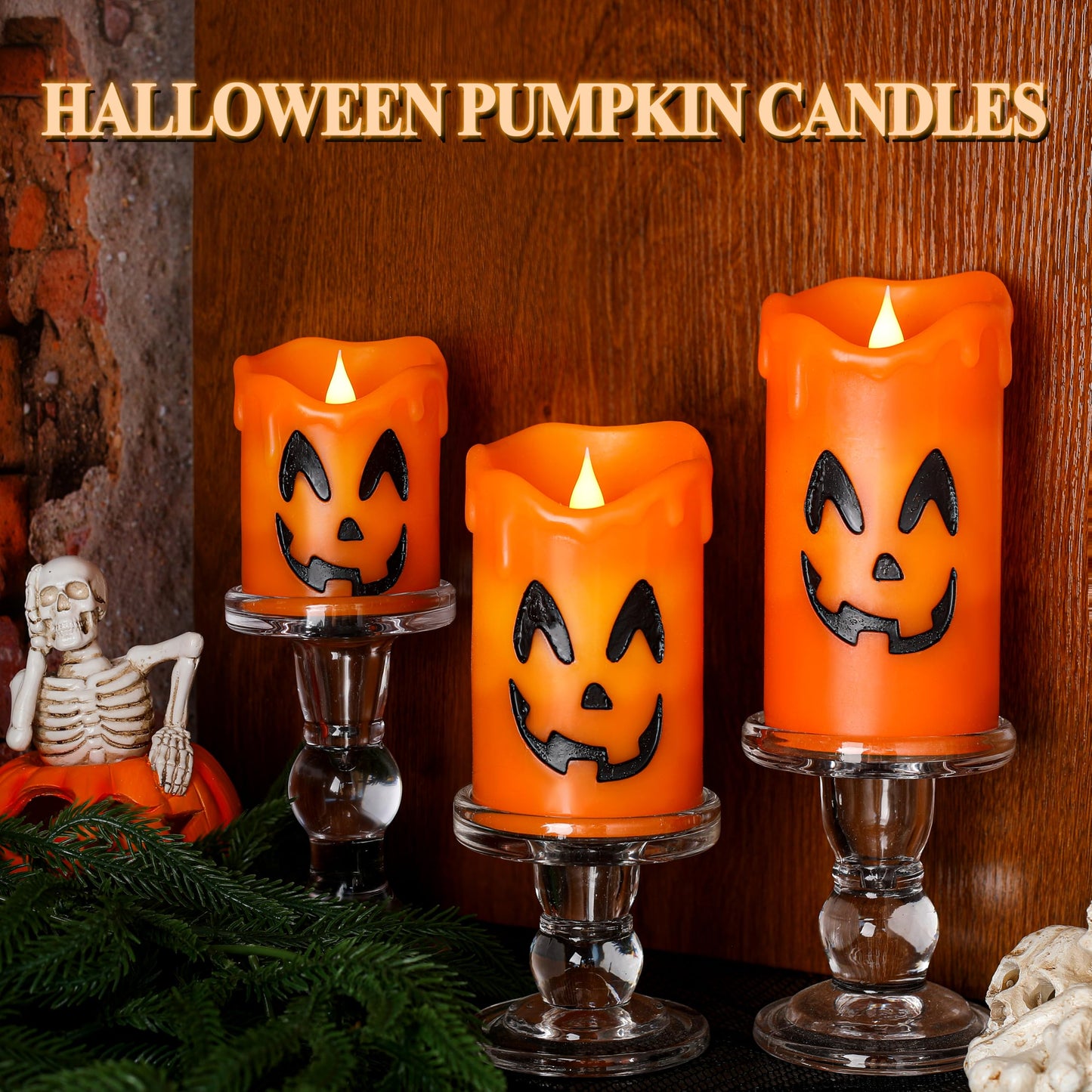 LCZLUMIPRO Halloween Candles Flameless Ghost Face Decor, Orange Pumpkin Dripping Real Wax Battery Operated LED Pillar Candles for Halloween Fall Indoor Table Dinner Decorations, Set of 3(3" x 4/5/6")