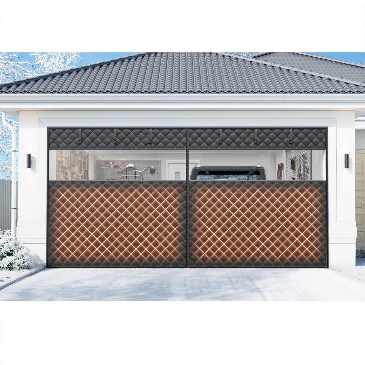 Car Garage Door Insulation Kit Fits 8x7 FT - Magnetic Thermal Insulated Door Curtains for Winter with Clear Window, Garage Door Cover Blanket Panels Screen for 1 Car Garages- Black