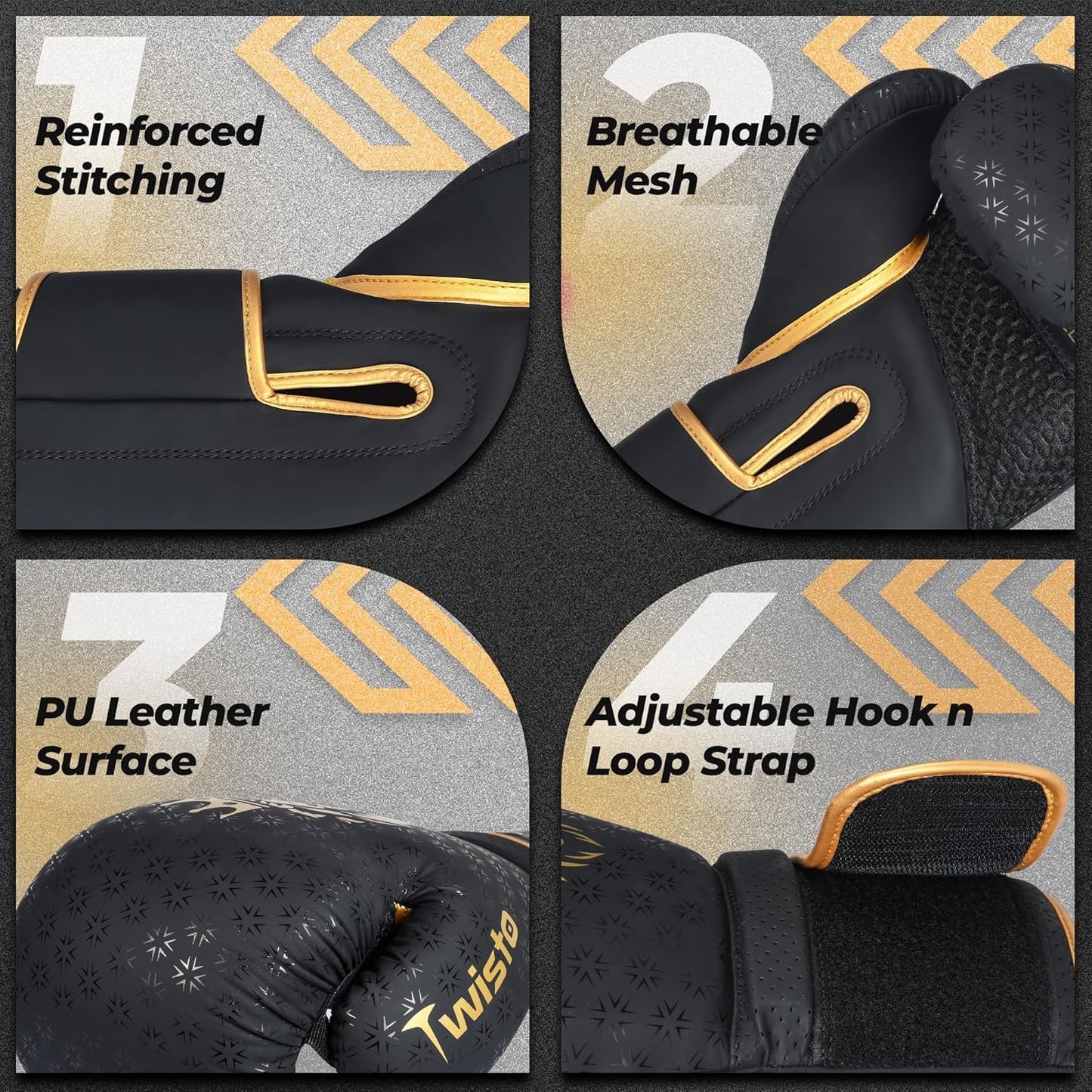 **Twisto Boxing Gloves - Pro Training & Sparring, Maya Hide Leather, Black | Available in 10oz, 12oz, 14oz, 16oz**