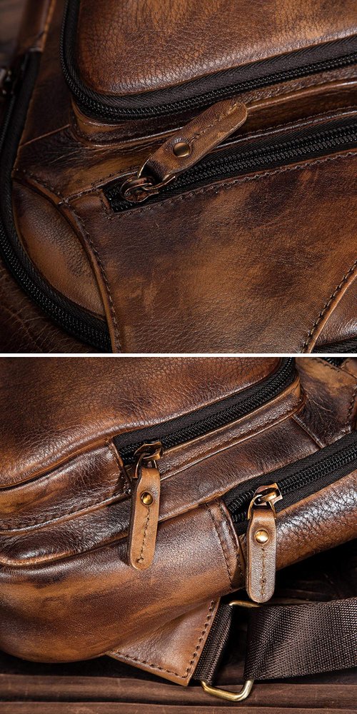 Le'aokuu Men Fashion Casual Tea Designer Travel Hiking Crossbody Chest Sling Bag Rig One Shoulder Strap Bag Men Leather 8015 (Gold)