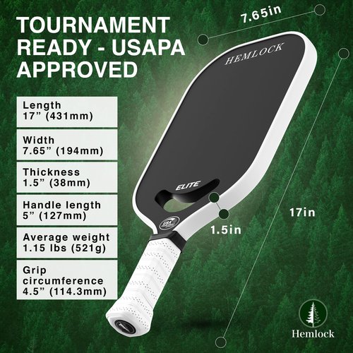 Hemlock Elite Pickball Paddle - USAPA Approved, Air Dynamic 360 Molding Technology for High Spin and Control, Carbon Fiber, Advanced and Beginner Starter, Men and Women, Black