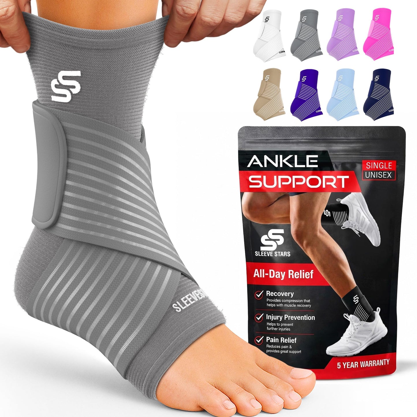 Sleeve Stars Ankle Brace for Women & Men, Ankle Wrap for Sprain, Compression Sleeve for Plantar Fasciitis Relief, Easy Customizable Support: w/ Removable Strap (Pair/M:10"-12"/Grey)