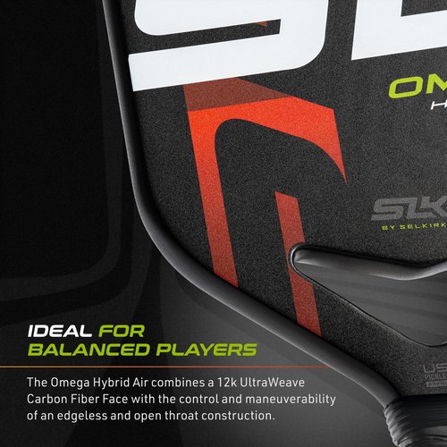 Selkirk Sport SLK Omega Hybrid Air Elongated Pickleball Paddles | Carbon Fiber Pickleball Paddle with Polymer Core | Aerodynamic Open Throat Design for Power and Control | ProSpin+ Texture | Max Ember