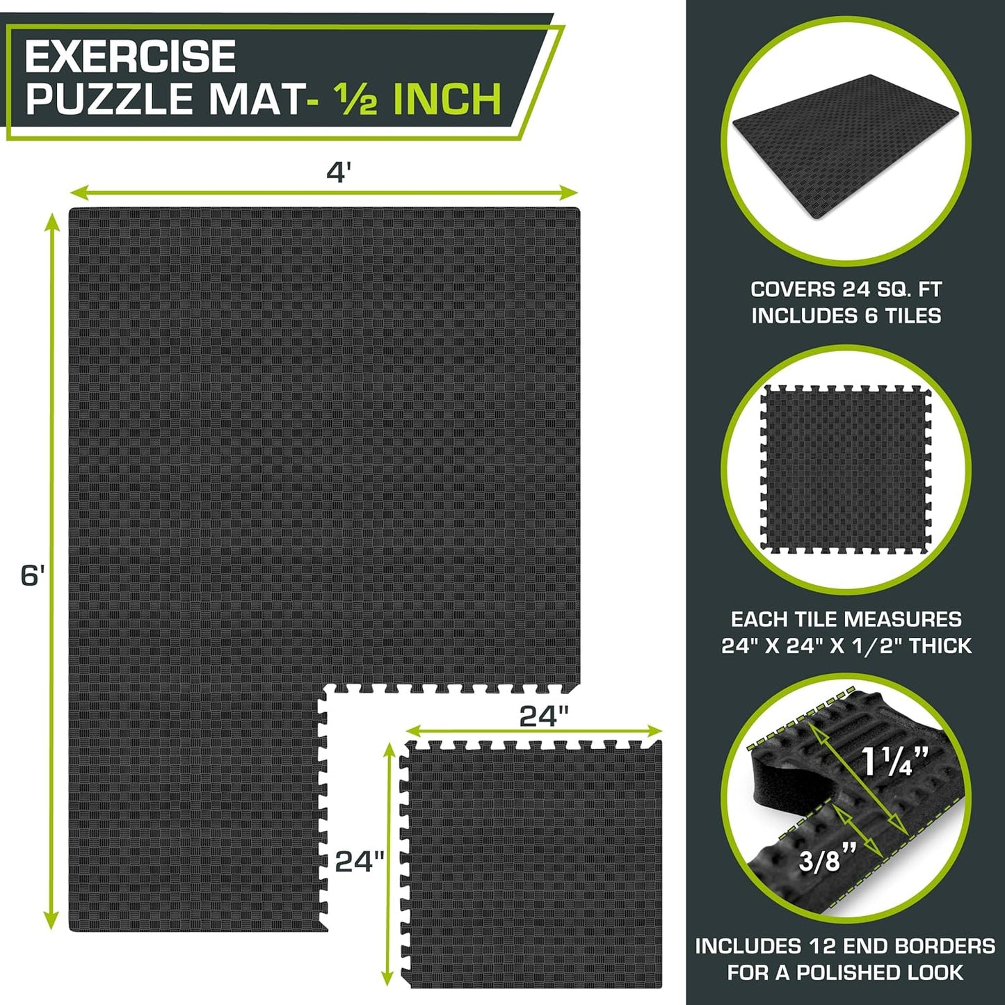 ProsourceFit Exercise Puzzle Mat - ½-Inch Checkered EVA Foam Tiles | Non-Slip, Shock Absorbing, Waterproof Gym Flooring - Black