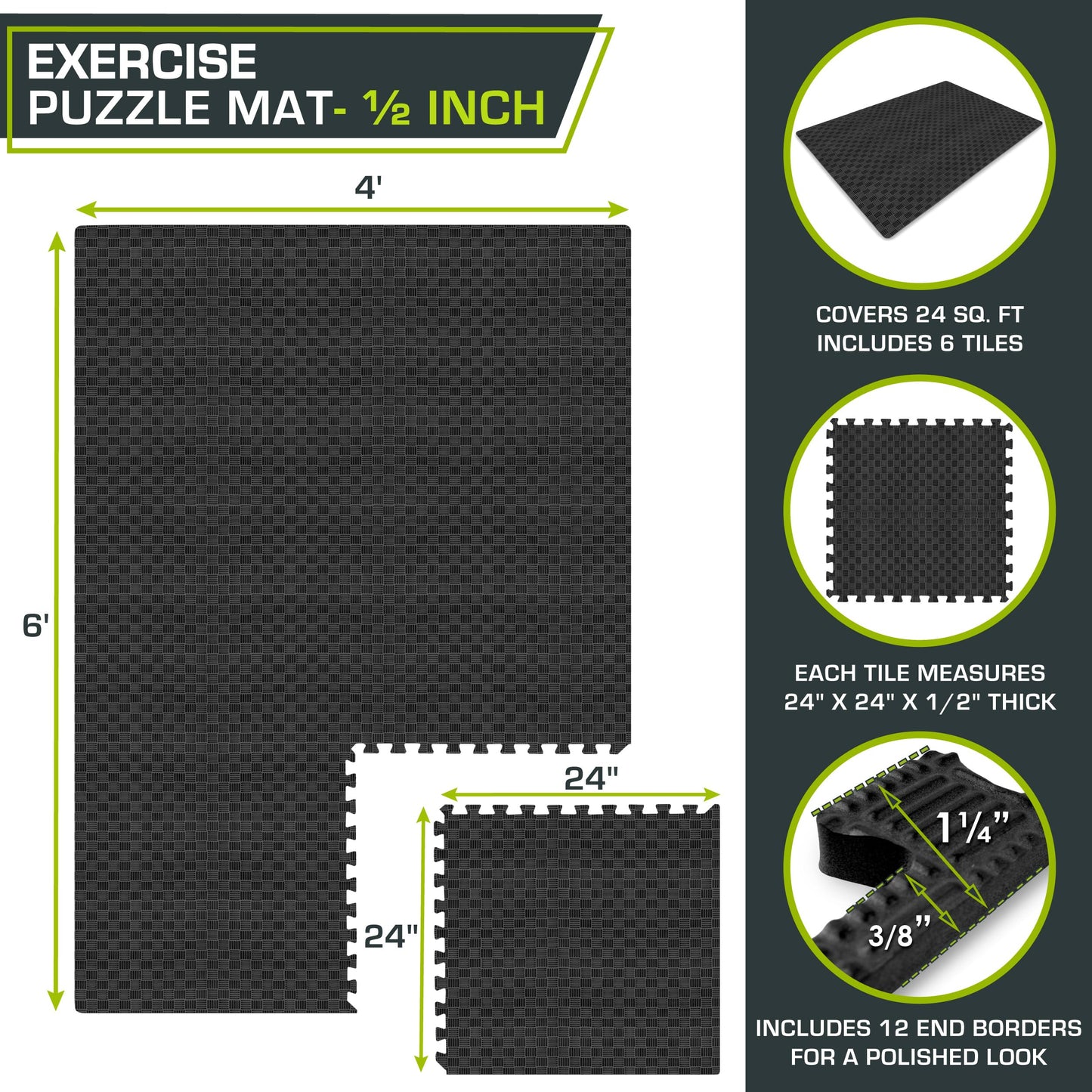ProsourceFit Exercise Puzzle Mat ½-inch, Checkered EVA Foam Floor Tiles w/Non-Slip Texture, Interlocking Design for Adjustable Gym Surfaces, Shock Absorbing, Black, 24 Sq Ft - 6 Tiles