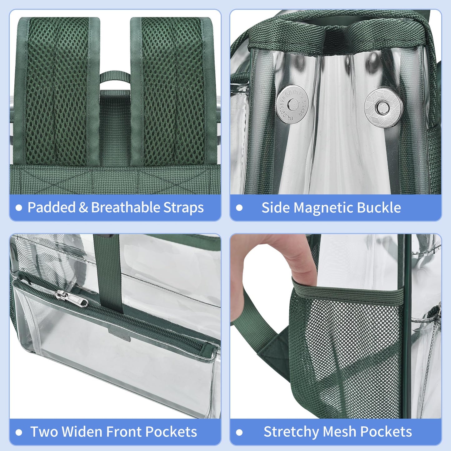 Mildbeer Green Clear Stadium Backpack for Sports Events & Concerts - Compact PVC Flap Backpack with Multi-Pocket Design