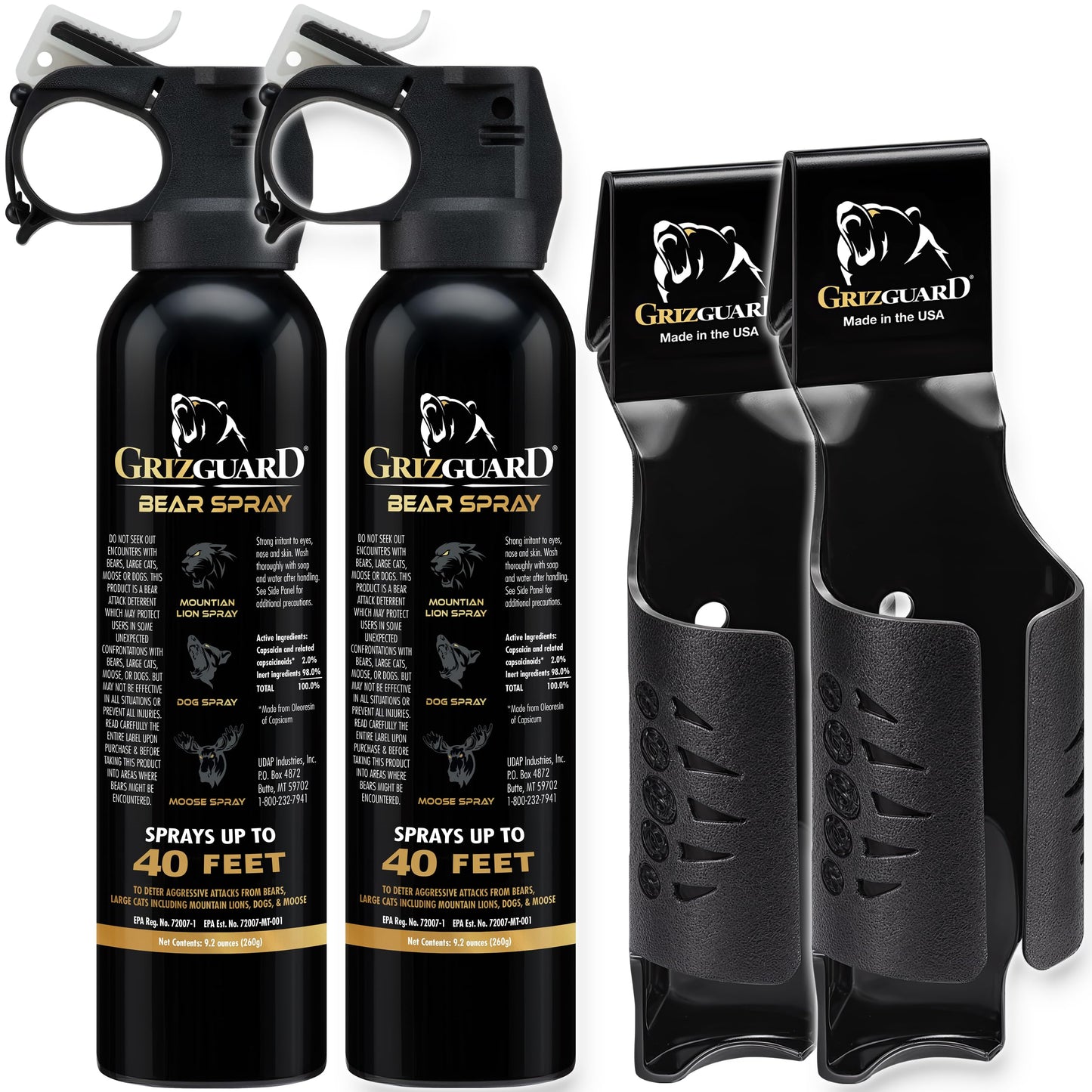 Griz Guard 260GG2 Bear Spray W/Holster 40 ft Range, Max Strength, EPA-Registered Spray for Bears, Mountain Lions, Coyotes, Dogs, & Moose, Outdoor Hiking & Camping Protection, Glow Safety, 9.2oz, 2PK