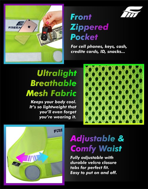 FREEMOVE Reflective Vest Running Gear + 2 Bands & Bag/Ultralight & Comfy Safety Vests with Front Zip Pocket > High Visibility Reflector > for Men, Women > Running, Dog Walking or Cycling