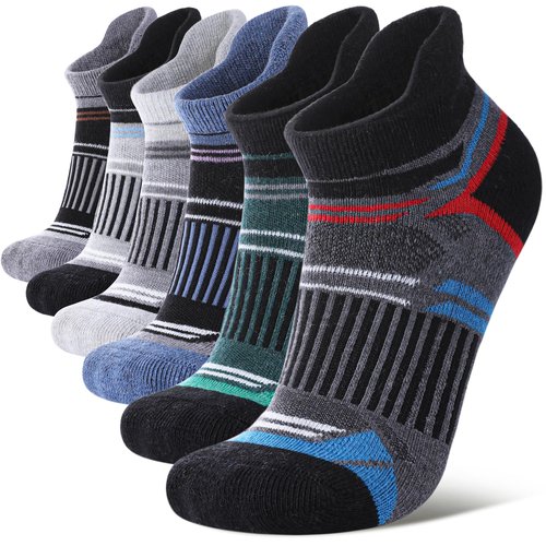 LANLEO Merino Wool Ankle Running Hiking Socks for Women Men Compression Support Thick Cushion No Show Socks 6 Pairs Mix Color A,Large
