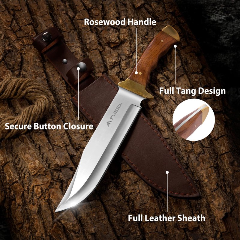 FLISSA 14-inch Bowie Full-tang Fixed Blade Knife with Wood Handle, Hunting Knife with Leather Sheath for Outdoor Survival, Camping, Hiking