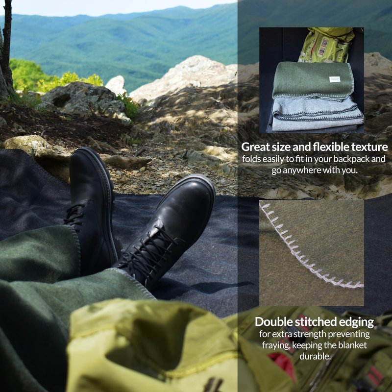 Military Style Wool Blanket – Cushioned, Breathable, Durable, Warm & Washable – Double-Stitched Border – Great for Camping, Outdoor, First Aid, Travel, Car – Fire-Resistant – 64"x90" 4.7lb (Gray)