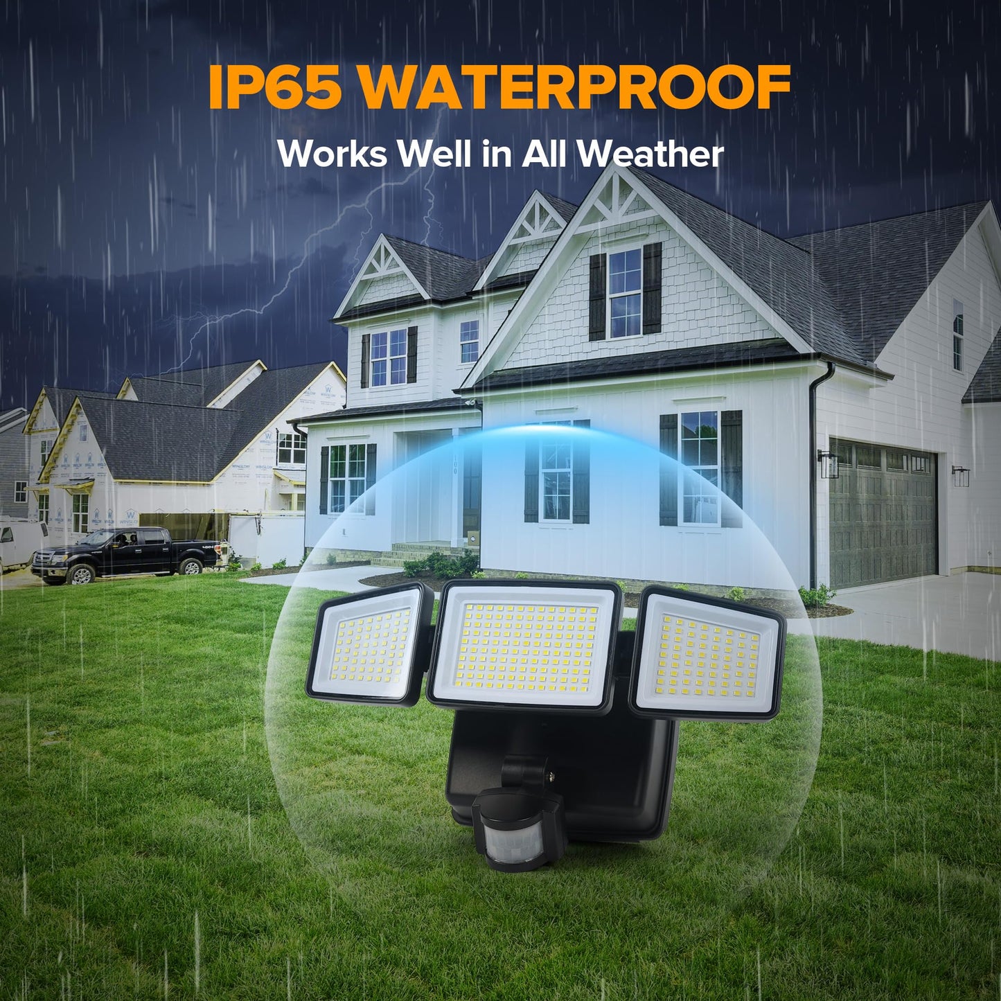 UME Battery Powered Motion Sensor Outdoor Lights 302 LED 1800LM, IP65 Waterproof Battery Operated Flood Lights Outdoor, 3 Heads Security Motion Light with 3 Modes for Garden Patio Yard