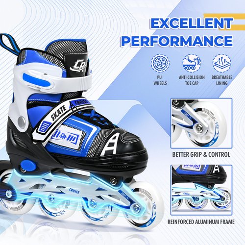 Adjustable Inline Skates for Kids, Teens, and Adults – ABEC-7 Bearings, PU Wheels, Comfortable Fit, for Indoor and Outdoor Skating (Blue, Medium - Big Kid (1Y-5Y US))