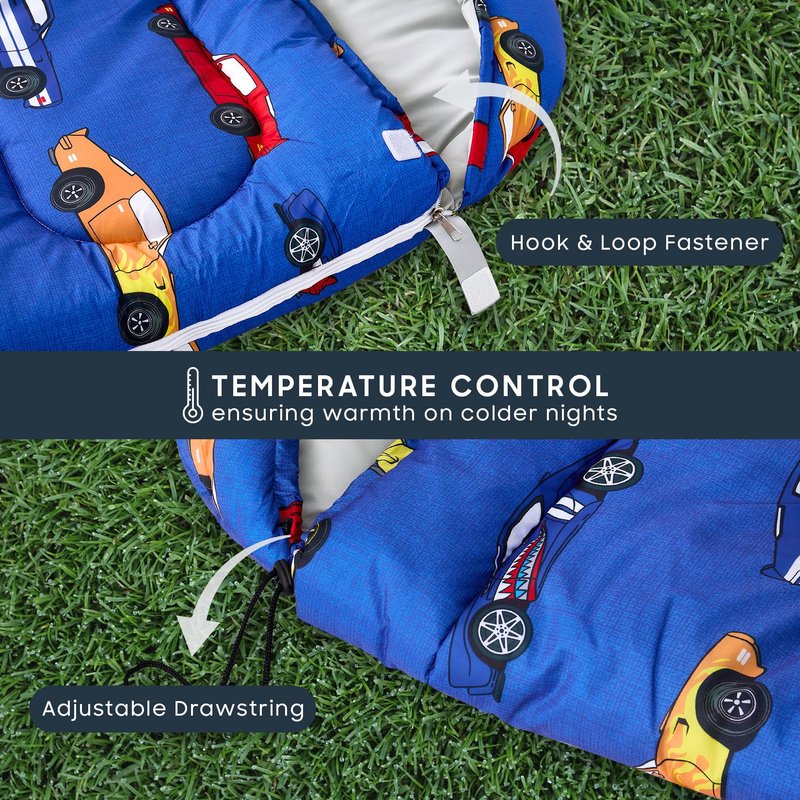 Wake In Cloud - Kids Sleeping Bag for Boys Toddlers, Camping in Warm Cold Weather, Backpacking Lightweight Compact Outdoor Liner for 3 Seasons, Race Cars Vehicles, Blue