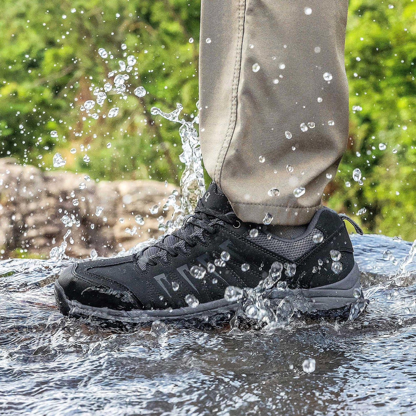 OL OUTJET LEGEND Men's Waterproof Hiking Shoes Leather Comfortable Lightweight Anti-Slip Outdoor Walking Work Sneakers Black