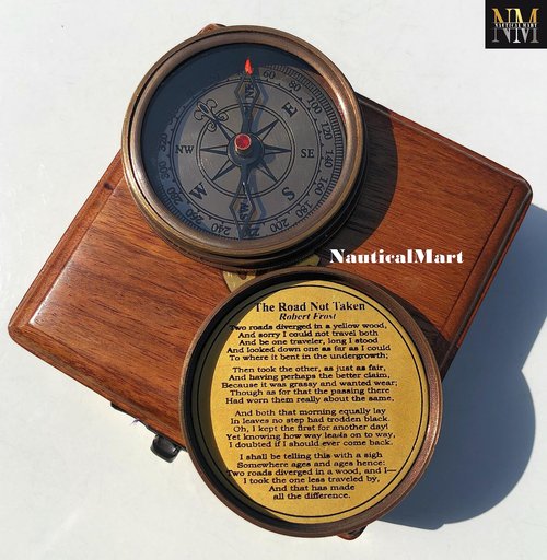 Engraved Brass Compass with Wooden Box - Famous Poet Quotes, Graduation Day & Baptism Gifts for Men & Boys