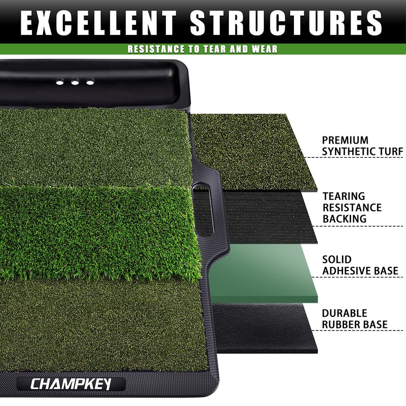 CHAMPKEY 19" x 27.5" Tri-Turf Golf Hitting Mat with Ball Tray | Solid Adhesive Technology Golf Practice Mat | High Durability and Stability Golf Mat