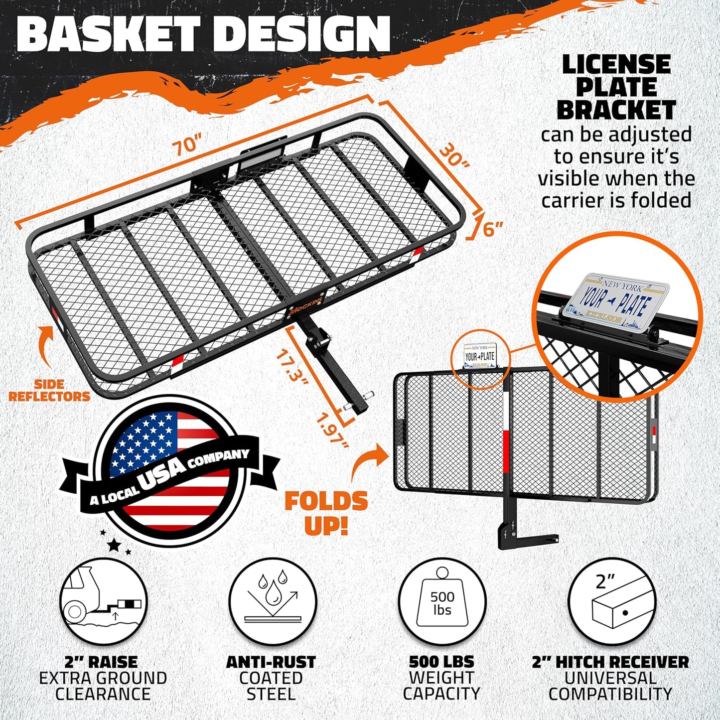Mockins XXL Folding Trailer Hitch Cargo Carrier - 500 Lbs Capacity All-Weather Steel Rack | 70"x30"x6" w/ 40 CuFt Waterproof Bag & Accessories