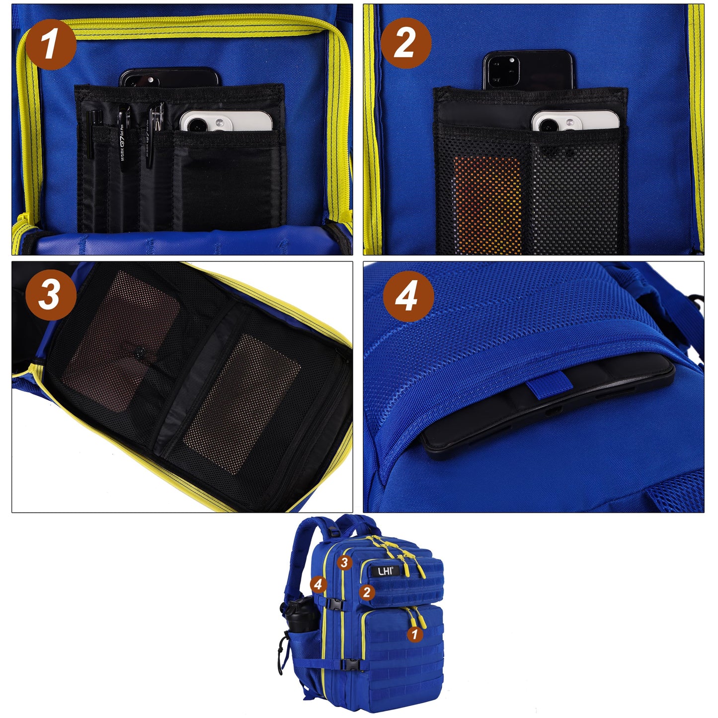 LHI Military Tactical Backpack for Men and Women 45L Army 3 Days Assault Pack Bag Large Rucksack with Molle System - Blue with yellow zipper