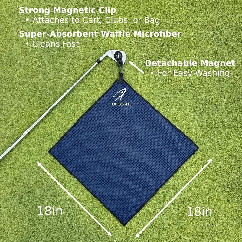 TourCraft Magnetic Golf Towel for Cart or Clubs – Super-Absorbent Waffle Microfiber, Quick-Dry Design with Strong Magnet & Clip, 18x18 (Black)