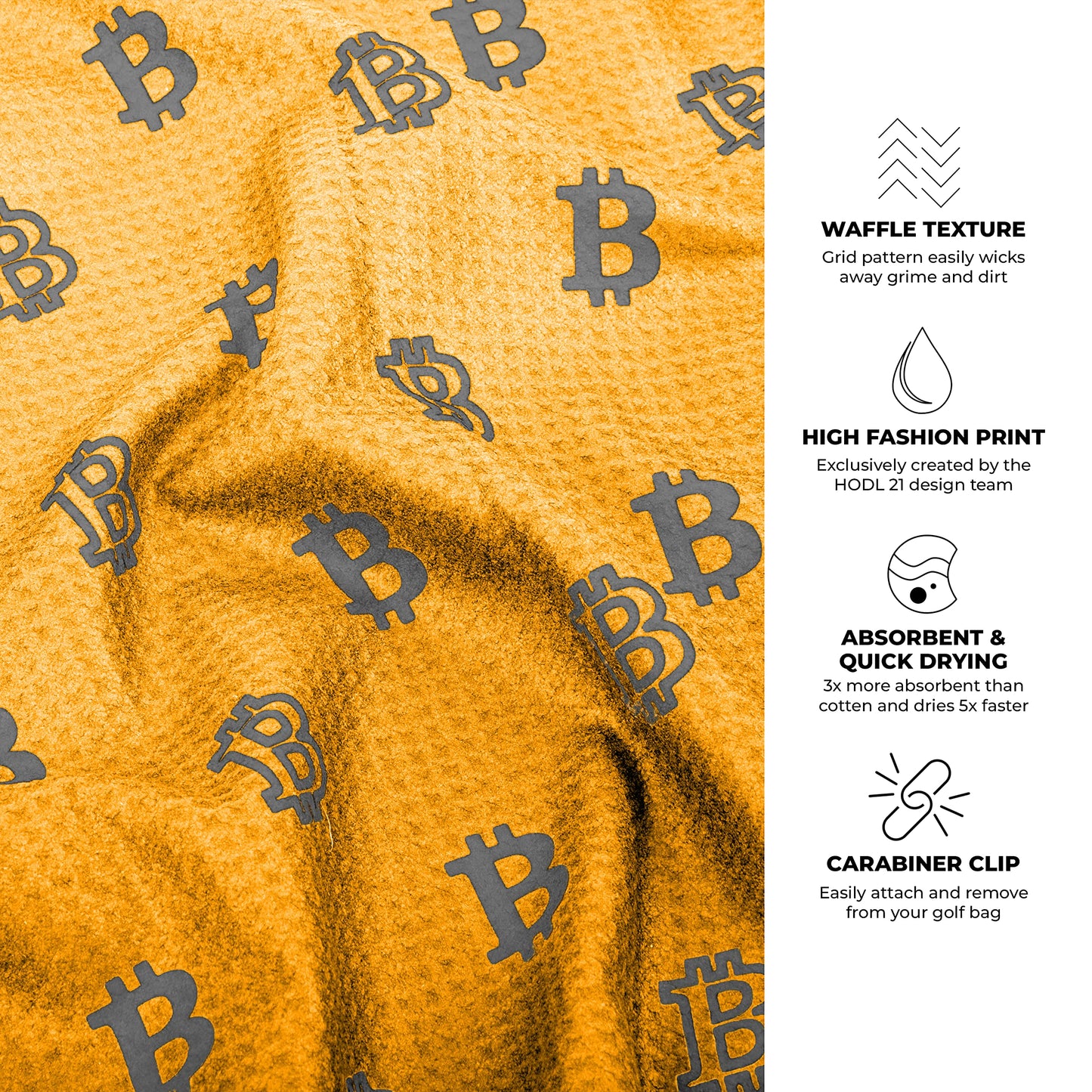HODL 21 Golf Towel Bitcoin - Premium Towels Waffle Pattern with Two Sided Design - Heavy Duty Carabiner Clip to Secure to Golf Bags Golf Clubs and Ball Towel Accessories (Orange)