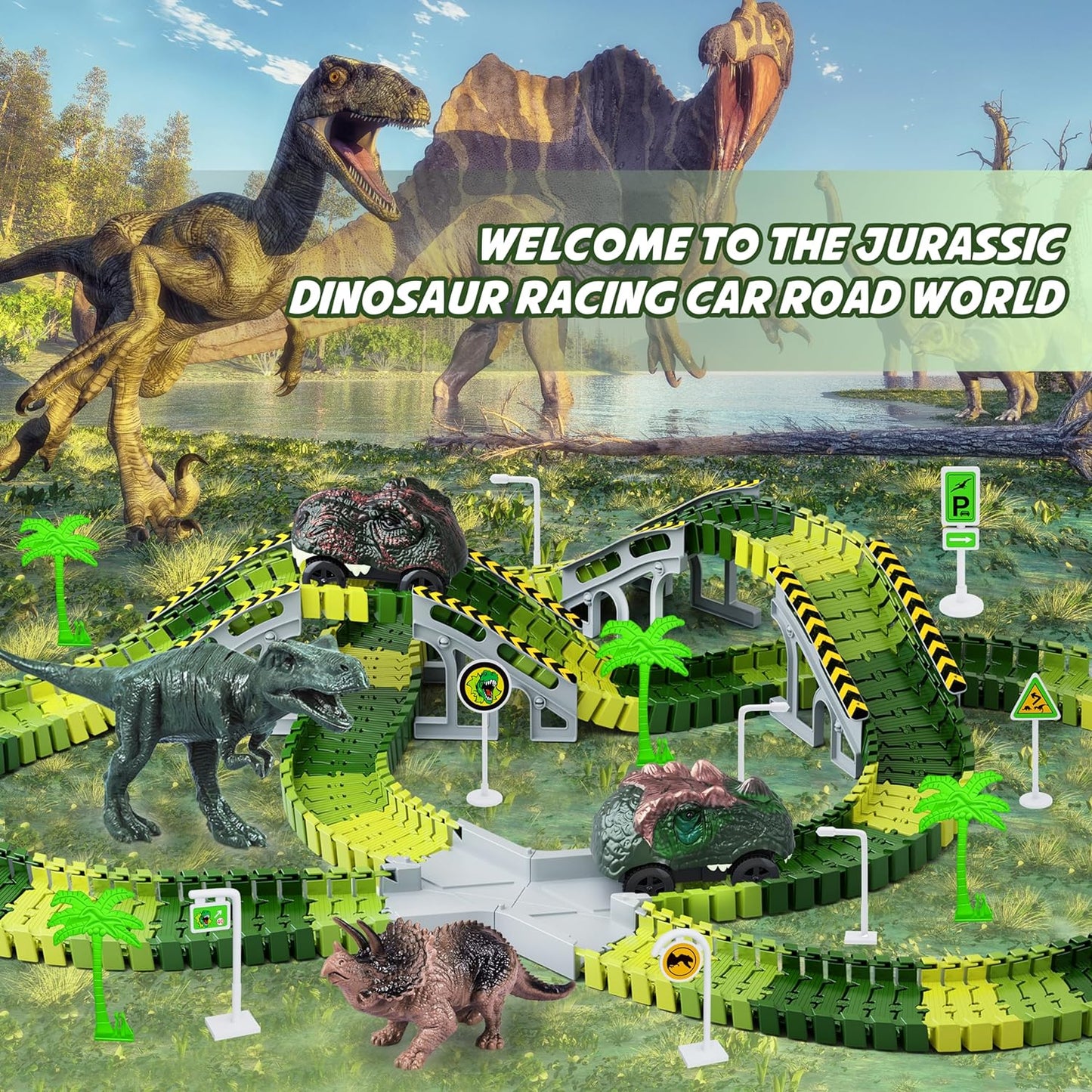 Skiennix Dinosaur Toys - Create A Dinosaur World Road Race Playset with Flexible Track & 2 Cars for Kids 3-6 Years