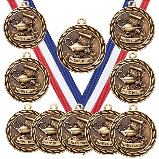 Express Medals Academic Excellence Gold Medals Trophy Award with Neck Ribbons MA - (Pack of 10)