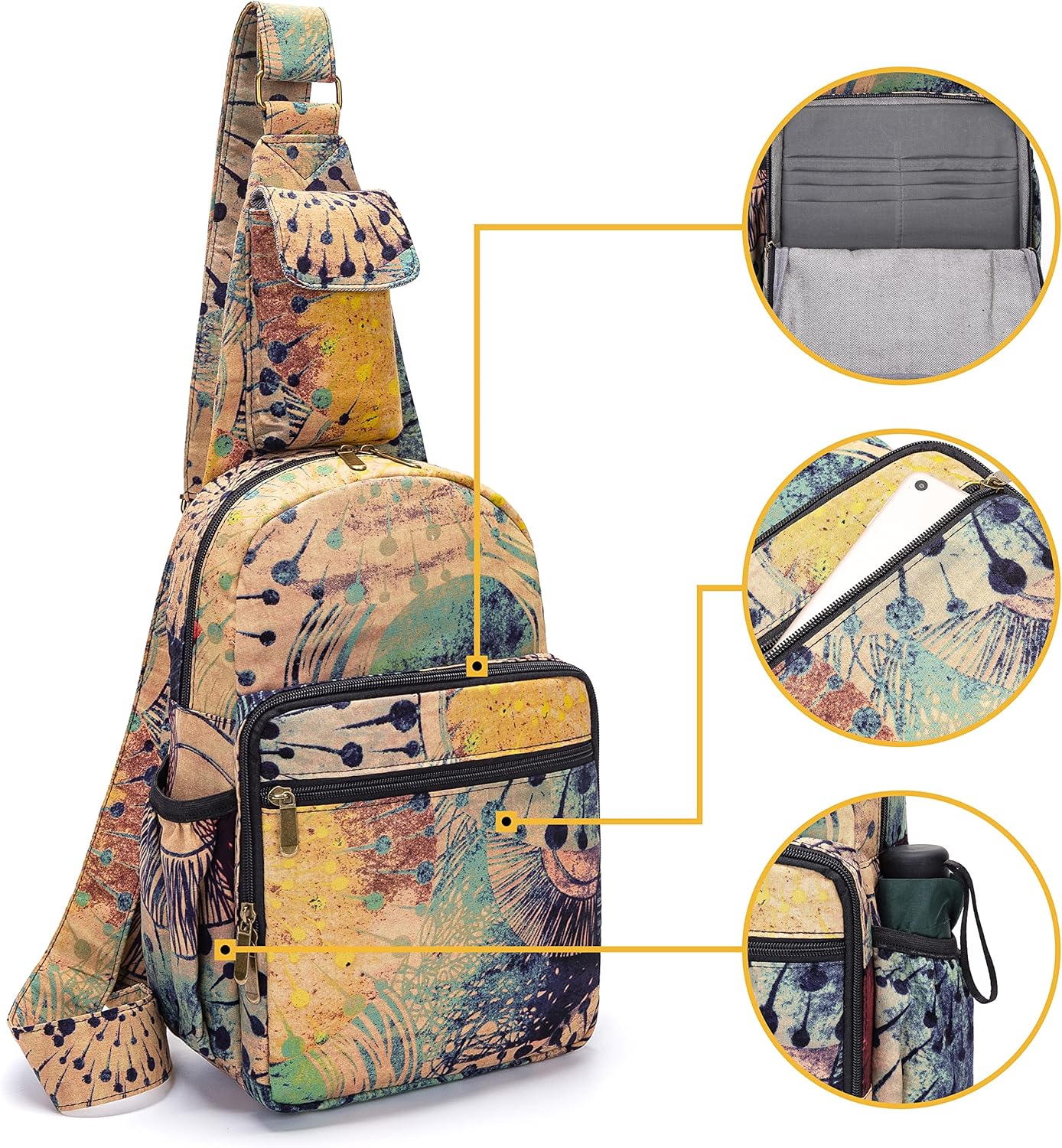 Skiennix Women’s Sling Bag - Large Bohemian Elephant Canvas Crossbody Bag | Purple & Yellow